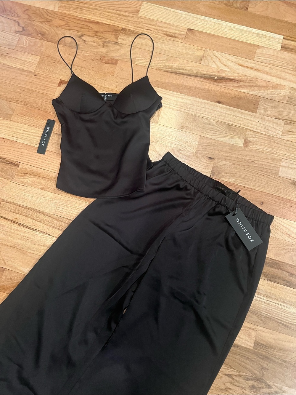 White Fox Boutique Black Satin Camisole and pants set